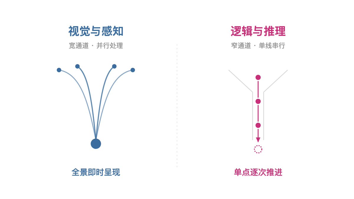 视觉感知的宽通道并行处理 vs 逻辑推理的窄通道单线串行